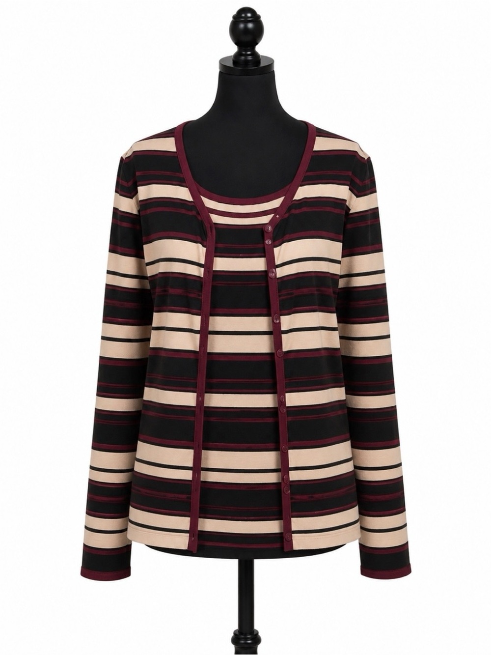 Pierre Cardin Black, Beige & Burgundy Striped Button Cardigan Set